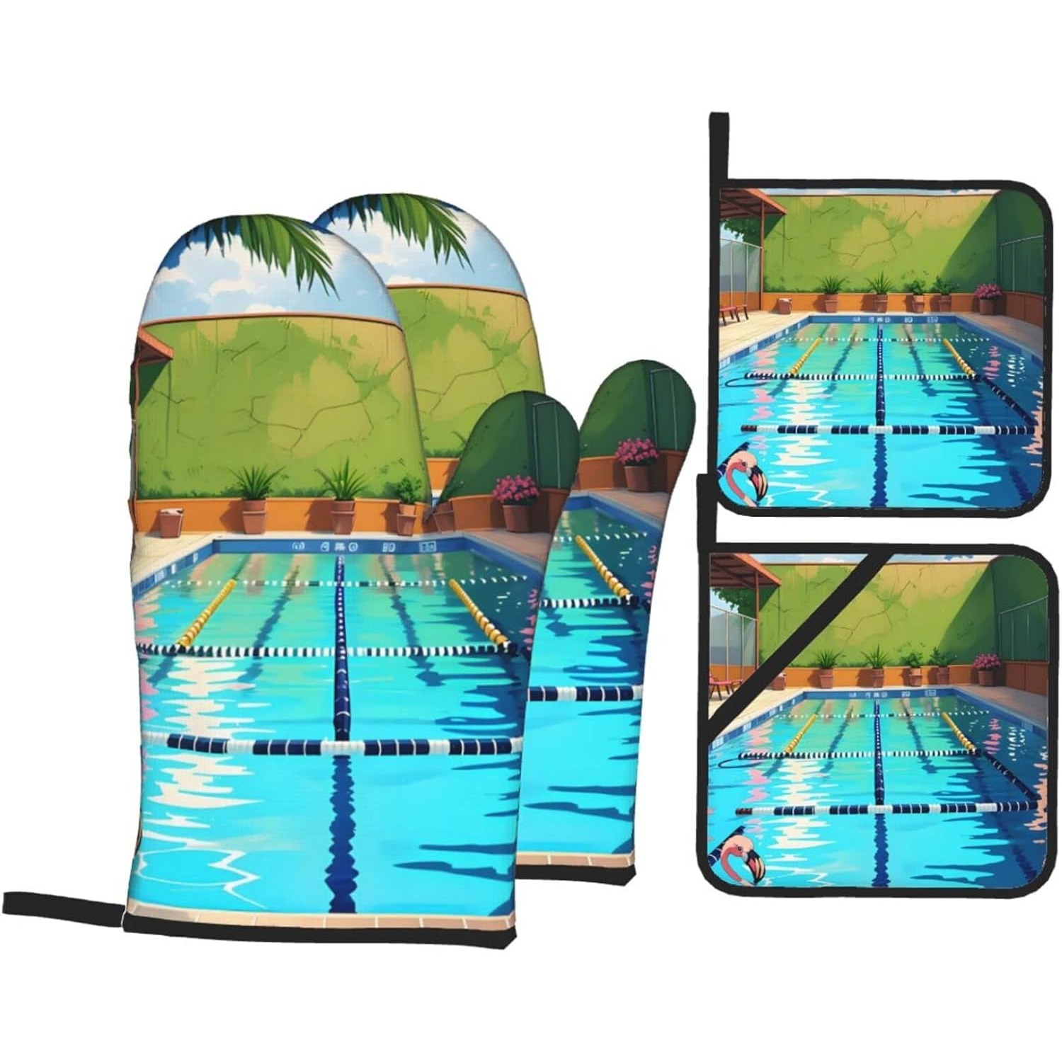 Oven Mitt Silicone - Flamingo- und Schwimmbad-Ofenhandschuhe und Topflappen aus